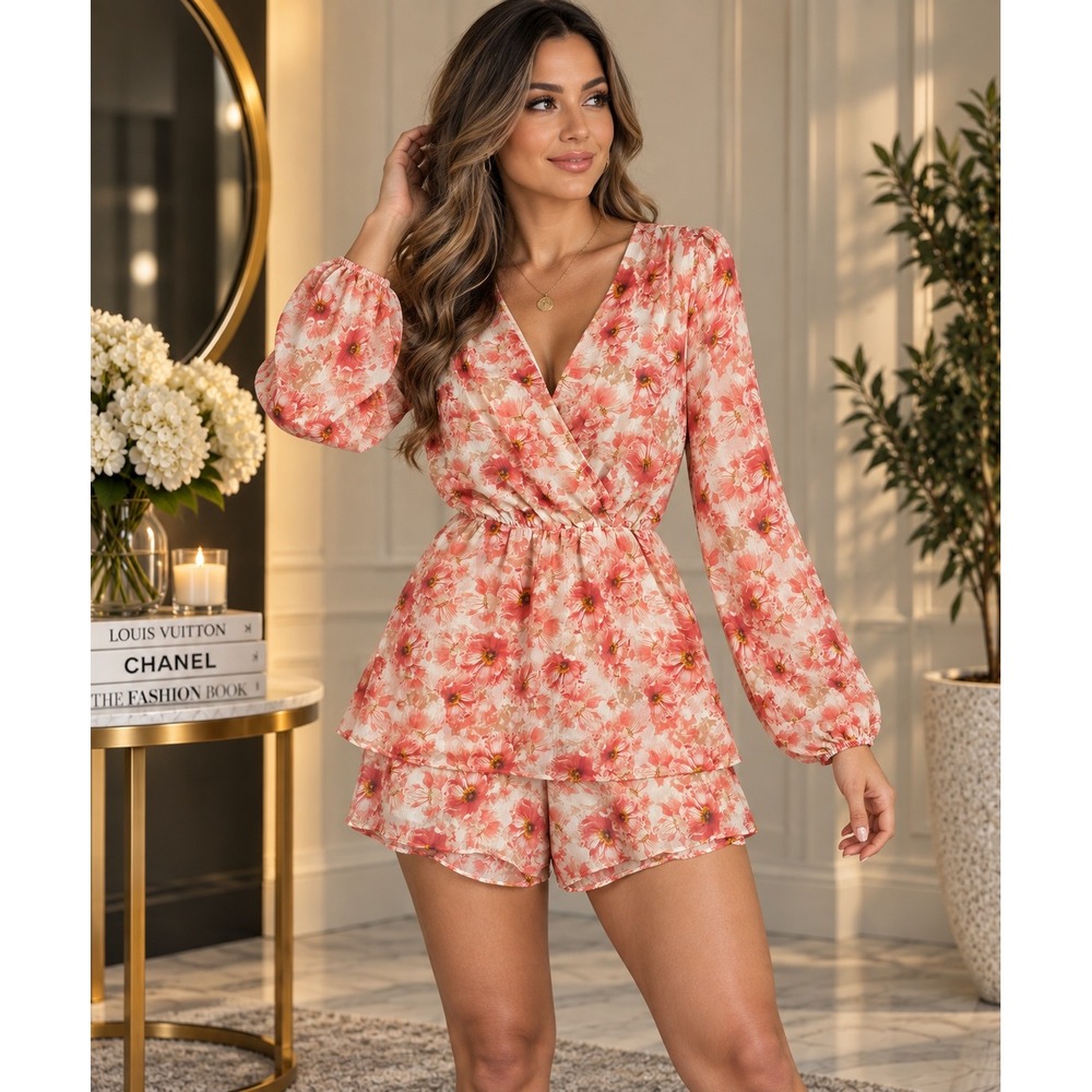 Express Floral Romper Womens Small Peach Orange Ruffle Long Sleeve One Piece